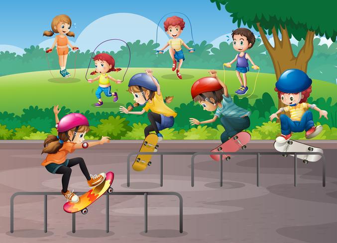 Niños jugando diferentes deportes en el parque vector