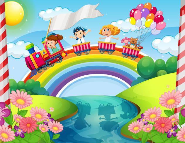 Children riding on train over rainbow vector