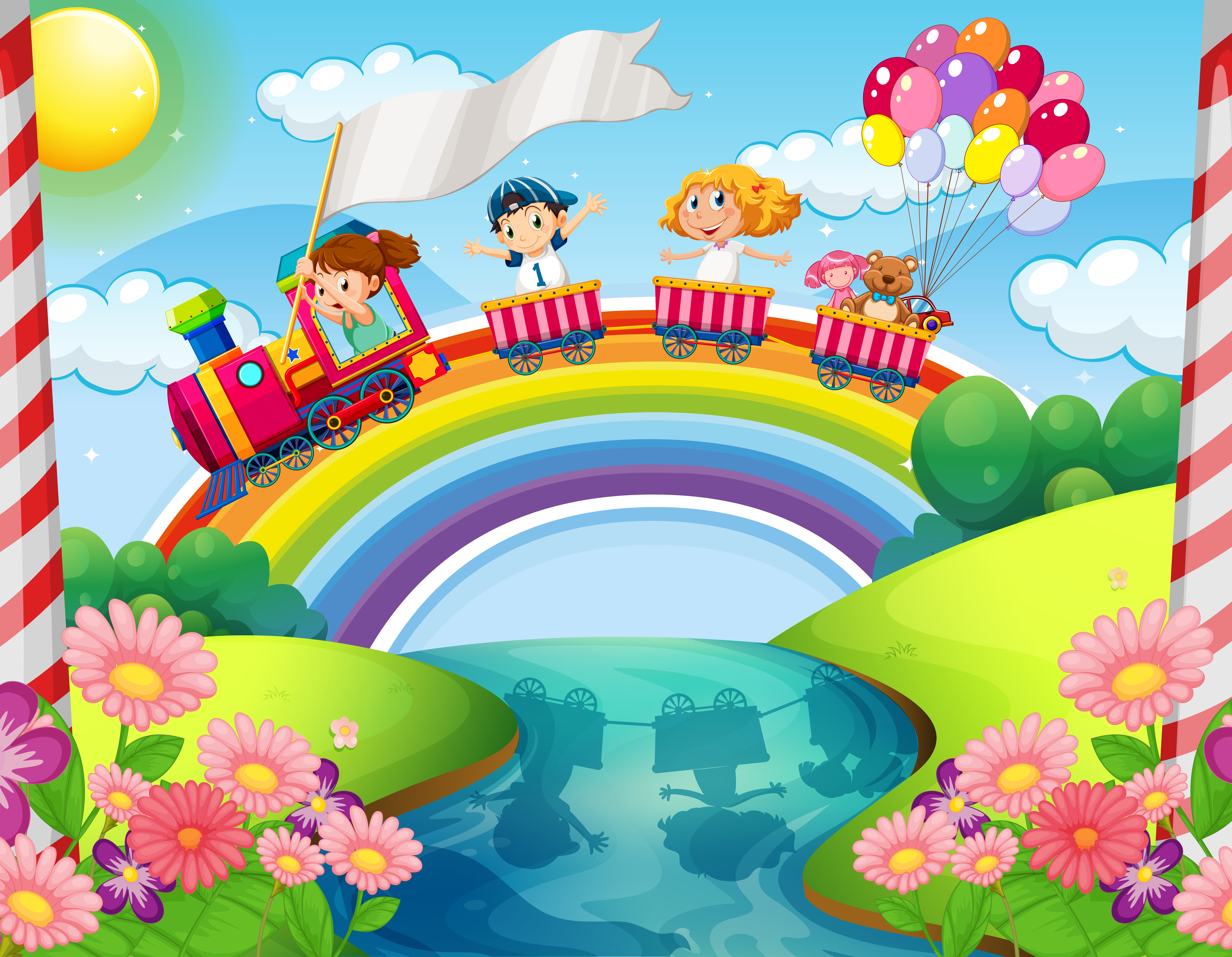 Children Riding On Train Over Rainbow Download Free Vectors Clipart Graphics Vector Art