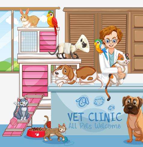 Médico veterinario con gatos y perros en la clínica. vector