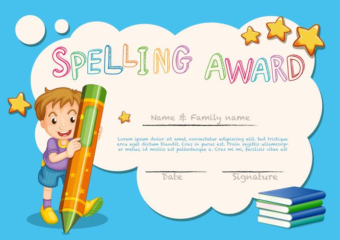 Plantilla de premio de ortografía con niño y libro en segundo plano vector