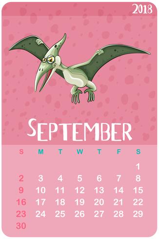 Plantilla de calendario para septiembre con pterosaurio. vector