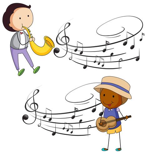 Musicians playing music with notes in background vector