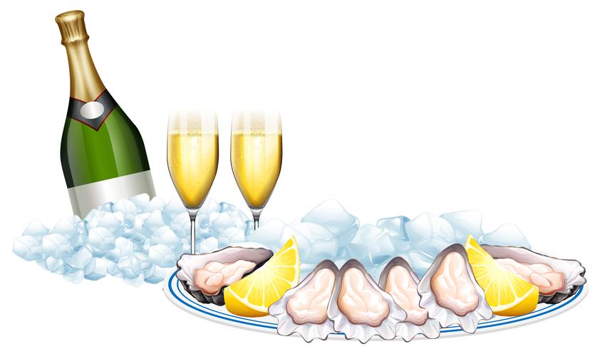 Fresh oysters and champagne bottle vector