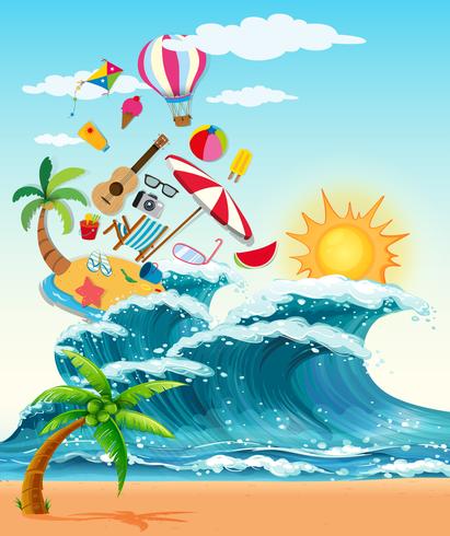 Summer theme with big waves and sunshine vector