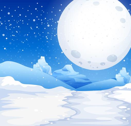 Escena con luna llena en noche nevada vector