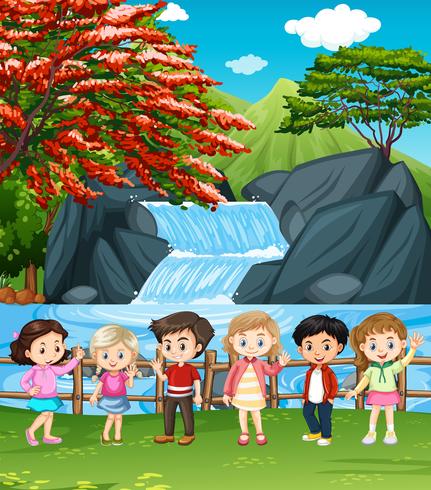 Waterfall scene with many children vector