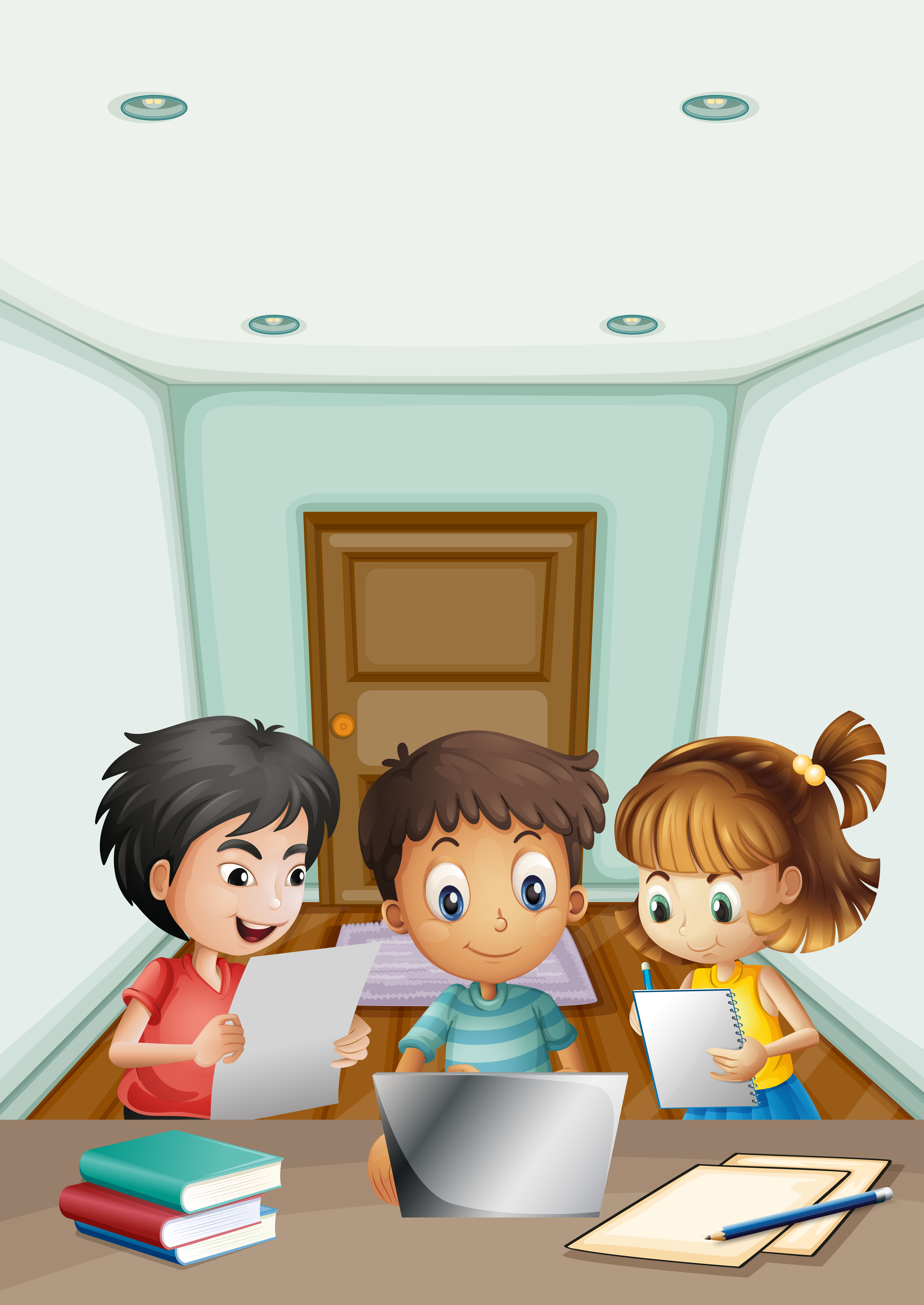 Enfants travaillant en groupe dans la chambre  Telecharger Vectoriel