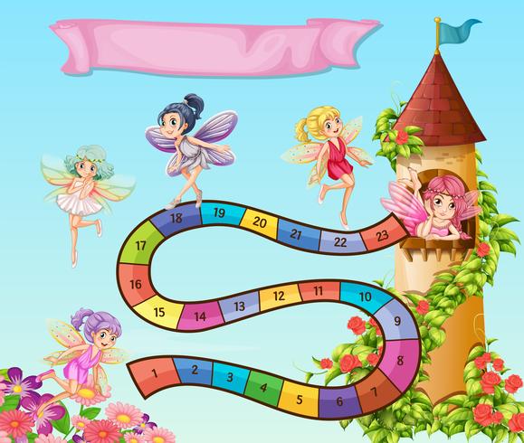 Boardgame design with fairies flying in garden vector