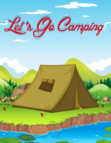 Cartel de camping con carpa junto al río. vector