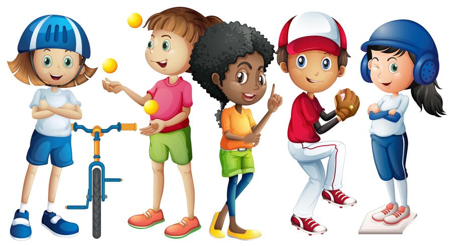 Muchos niños en diferentes atuendos deportivos. vector