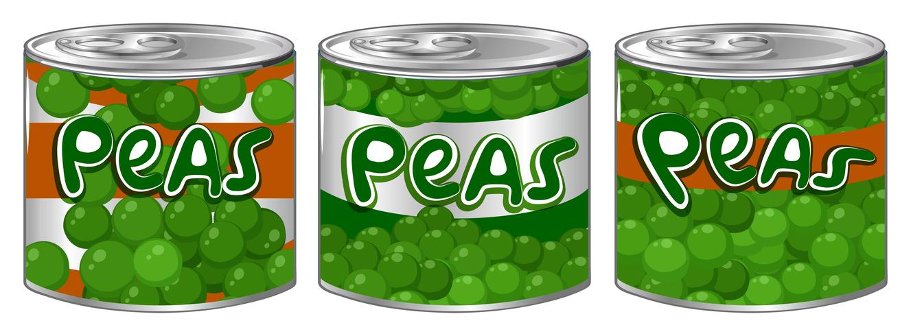 Tres latas de guisantes con logo diferente. vector