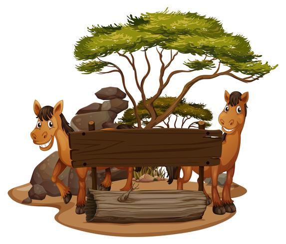 Two horses by the wooden sign vector