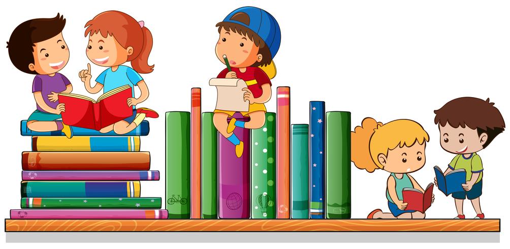 Niños leyendo y jugando con libros. vector