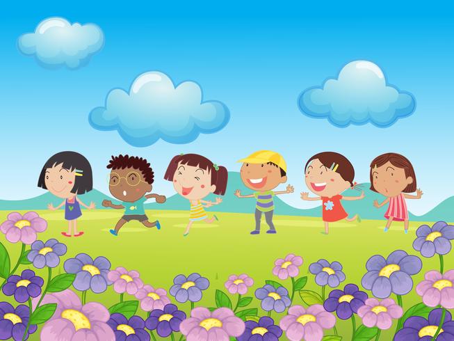 Many kids walking in the park vector