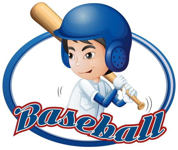 Diseño de etiqueta con niño jugando béisbol. vector