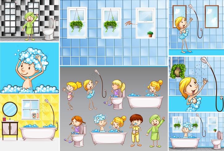 Escenas de baño con niños realizando diferentes actividades. vector