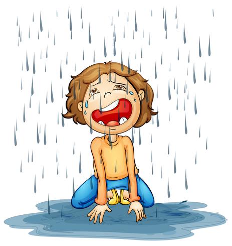 Niño llorando bajo la lluvia vector