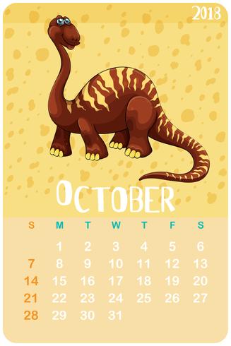 Calendar template with dinosaur for October vector