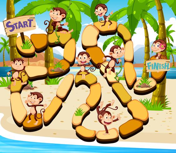 Plantilla de juego con monos en la playa en el fondo vector