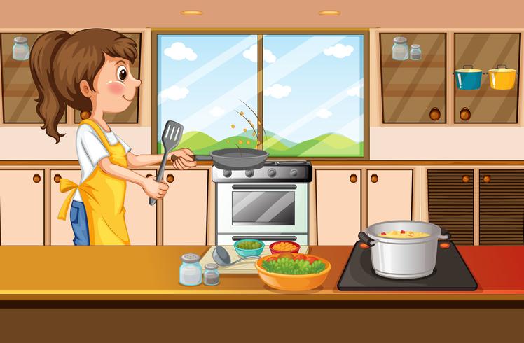 Woman cooking in kitchen vector