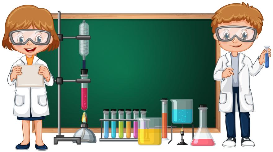 Niños haciendo experimento de laboratorio de ciencias con pizarra en el fondo vector