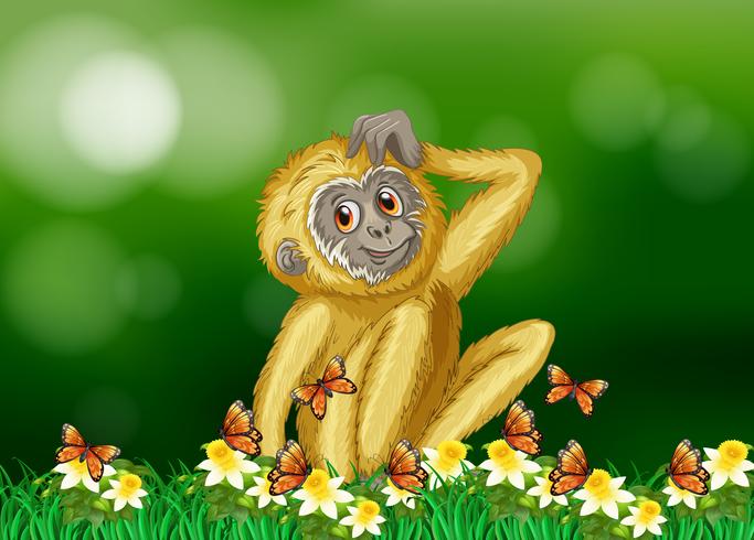 White gibbon sitting in flower garden vector