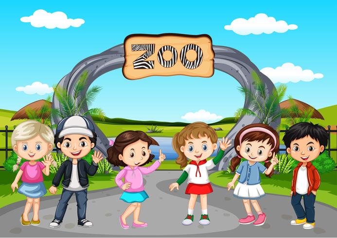 Muchos niños visitan el zoológico vector
