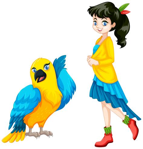 Cute teenage girl and parrot bird vector