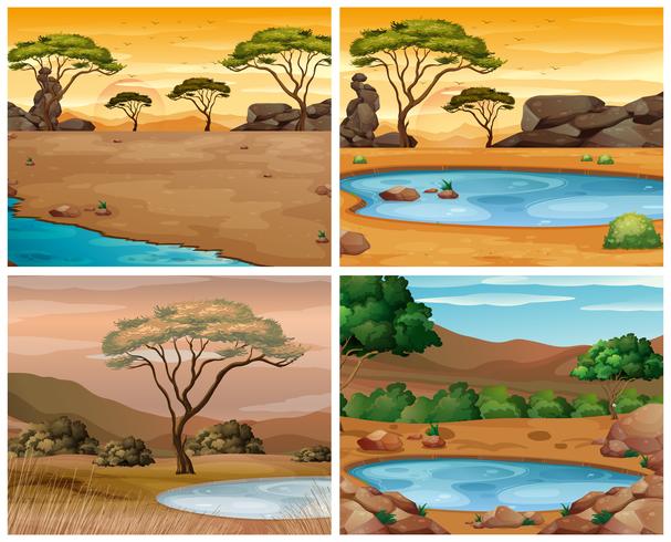 Four savanna scenes at different times of day vector