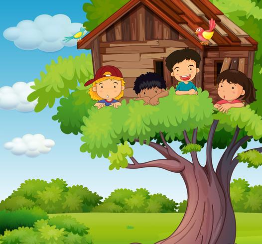 Kids playing at treehouse in park vector
