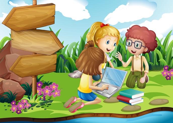 Kids working on computer in the park vector