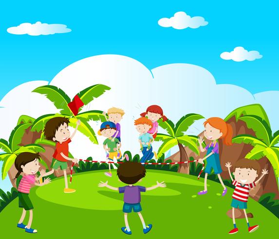 Many kids playing and racing in the park vector