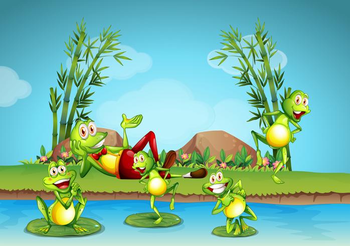 Five frogs living by the pond vector