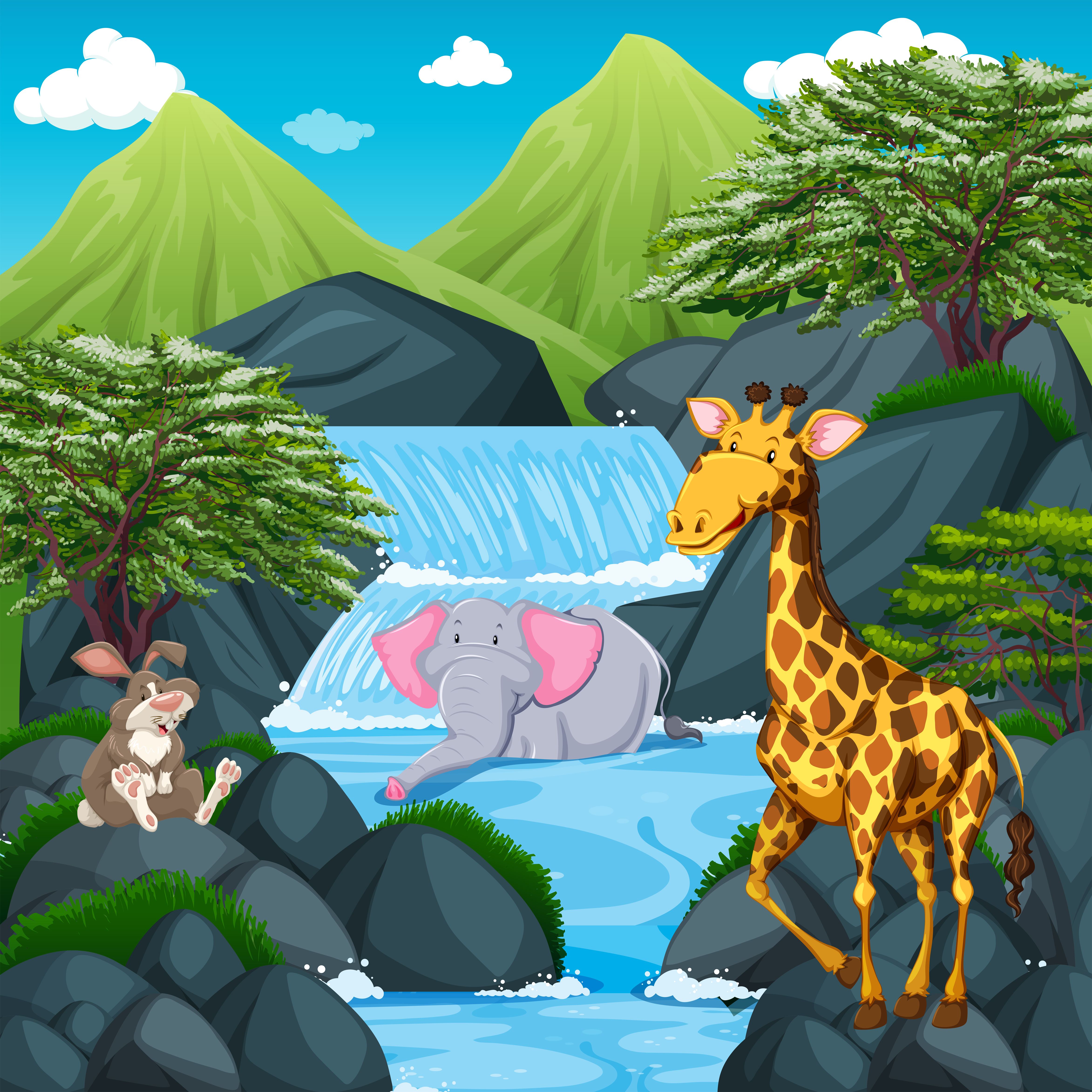 Scene wtih wild animals at the waterfall 446731 Vector Art at Vecteezy Scene wtih wild animals at the waterfall 446731 Vector Art at Vecteezy