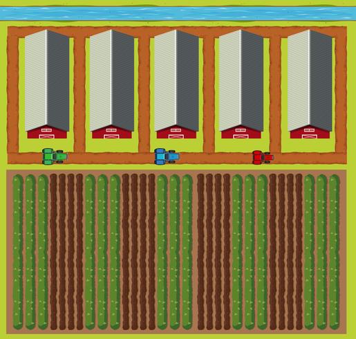 Aerial scene of barns and field vector