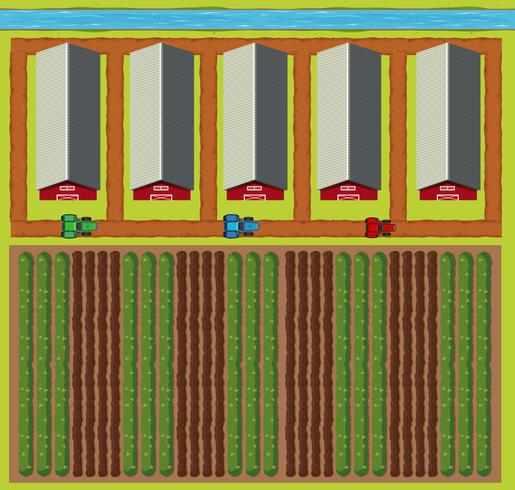 Escena aérea de graneros y campo. vector