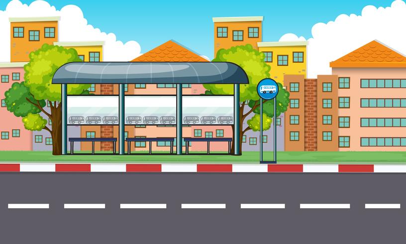 City scene with bus stop and buildings vector