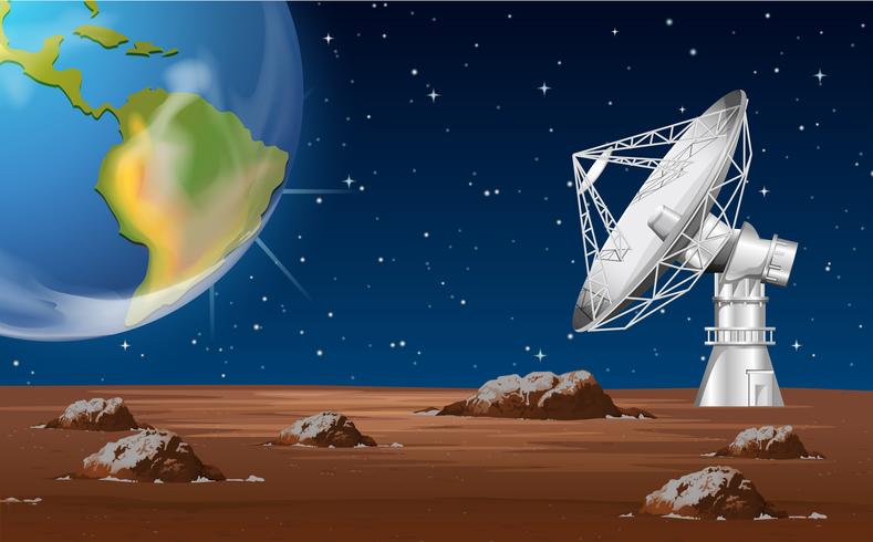 Tecnología espacial con antena parabólica y tierra. vector