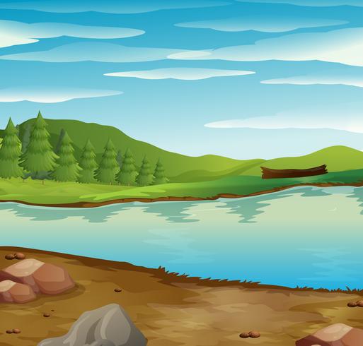 Escena con el caudal del río por el bosque. vector