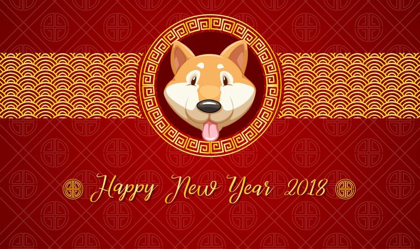 Plantilla de tarjeta de feliz año nuevo con perro sobre fondo rojo vector