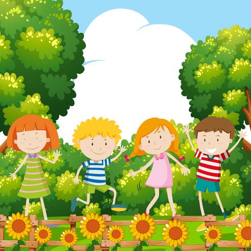 Four kids in sunflower garden vector