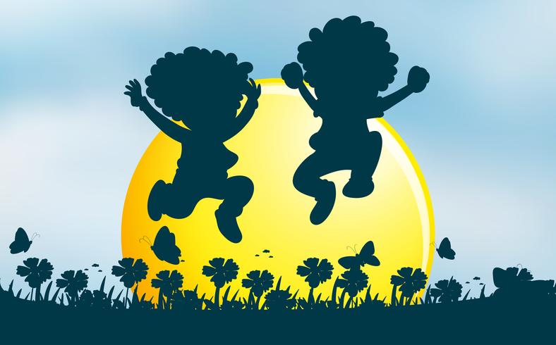 Two kids jumping in garden vector