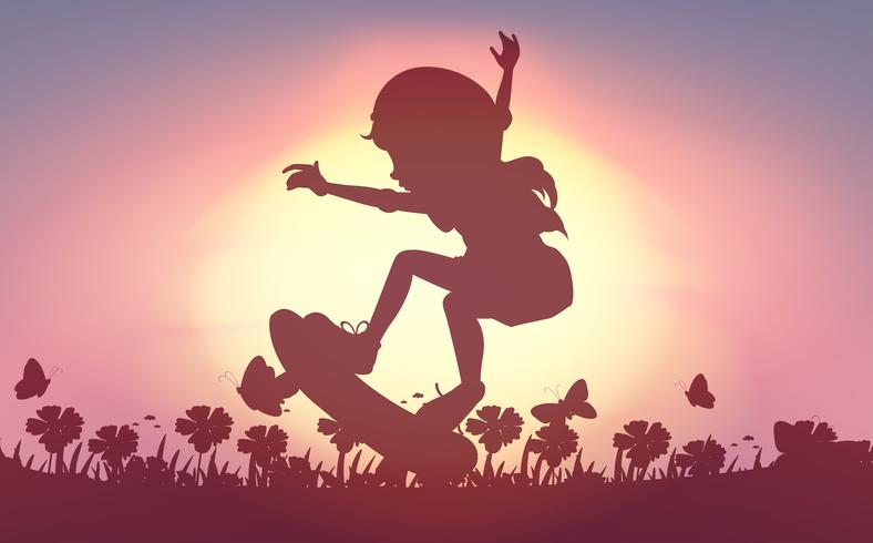 Silhouette girl skateboarding in garden vector