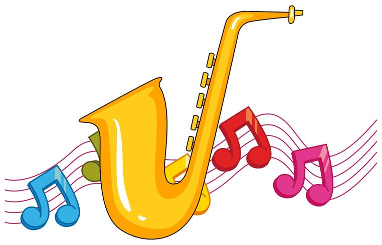 Saxofón con notas musicales en el fondo. vector