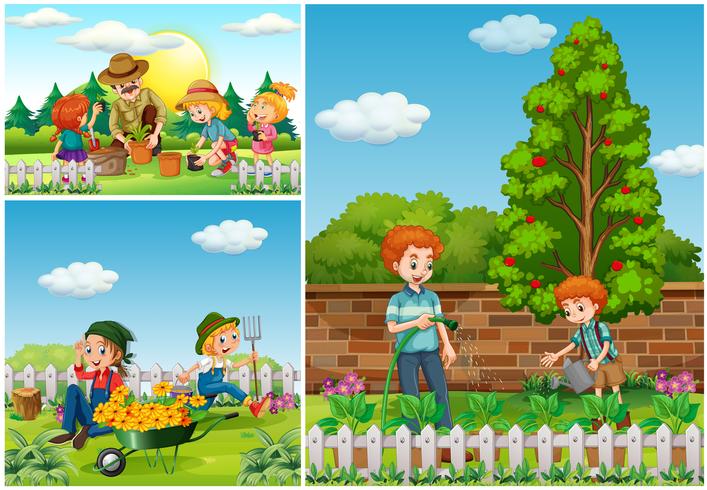 Tres escenas con familia haciendo jardinería. vector