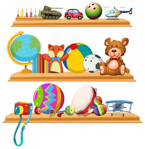 Toys and instruments on wooden shelves vector