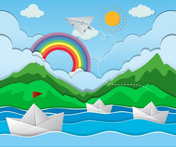 River scene with paper boat floating vector