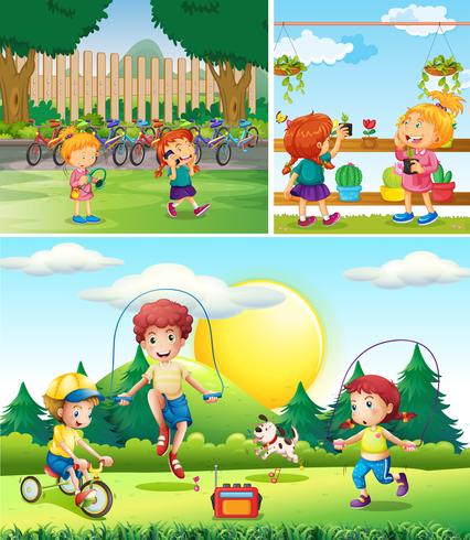 Escena con niños jugando en el jardín. vector