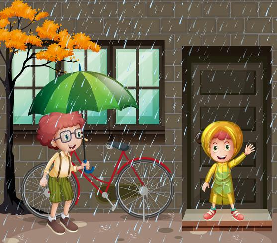 Temporada de lluvias con dos niños bajo la lluvia. vector